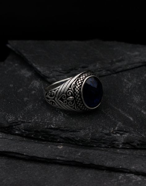 Safir Oniks Taşlı Gümüş Erkek Yüzüğü