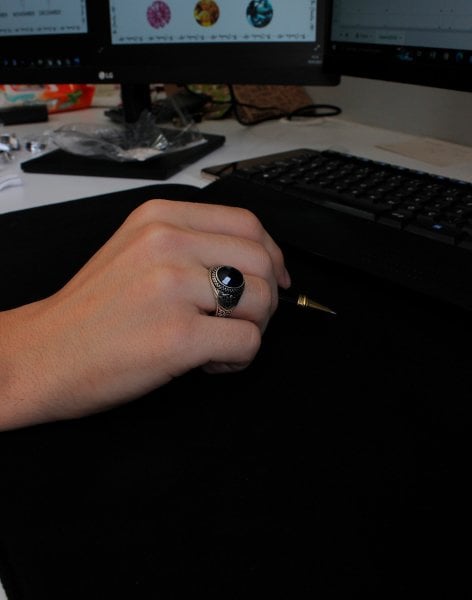 Safir Oniks Taşlı Gümüş Erkek Yüzüğü