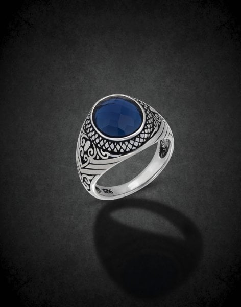 Safir Oniks Taşlı Gümüş Erkek Yüzüğü