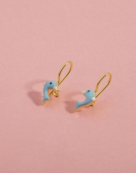 925 Ayar Gümüş Mineli Yunus Balığı Figürlü Çocuk Küpesi