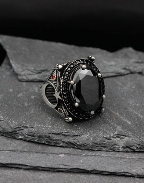 Altı Tırnaklı Ay Yıldız Gümüş Erkek Yüzüğü