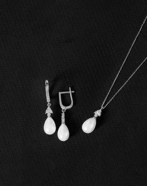 925 Ayar Gümüş Zirkon Taşlı Üçgen Damla İnci Set