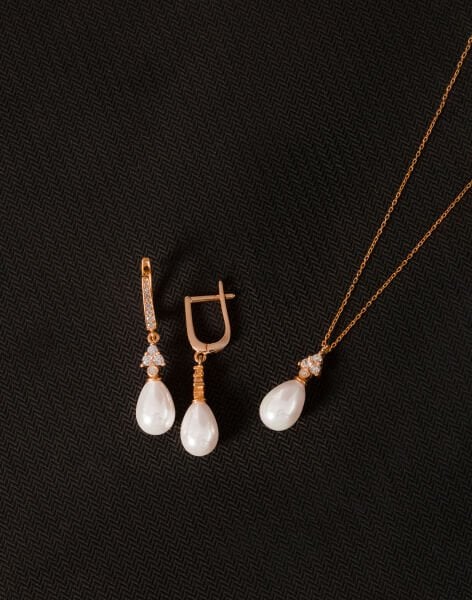 925 Ayar Gümüş Zirkon Taşlı Üçgen Damla İnci Set