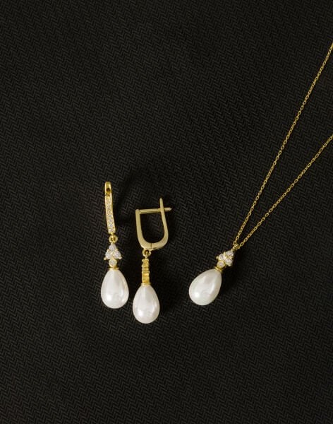 925 Ayar Gümüş Zirkon Taşlı Üçgen Damla İnci Set