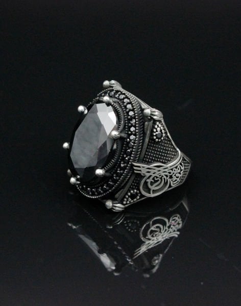 Tuğralı Siyah Gümüş Erkek Yüzüğü