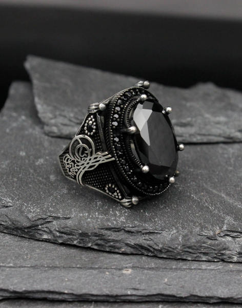 Tuğralı Siyah Gümüş Erkek Yüzüğü