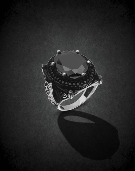 Tuğralı Siyah Gümüş Erkek Yüzüğü