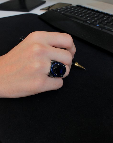 Tuğralı Mavi Gümüş Erkek Yüzüğü