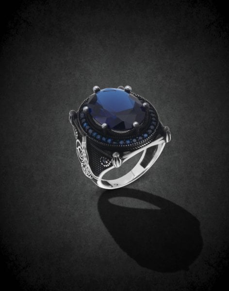 Tuğralı Mavi Gümüş Erkek Yüzüğü