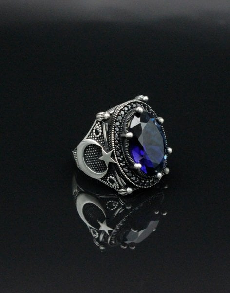 Ay Yıldız İşlemeli Mavi Taşlı Gümüş Erkek Yüzüğü