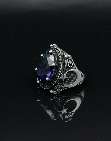 Ay Yıldız İşlemeli Mavi Taşlı Gümüş Erkek Yüzüğü