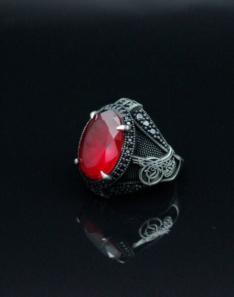 Tuğra İşlemeli Bordo Gümüş Erkek Yüzüğü