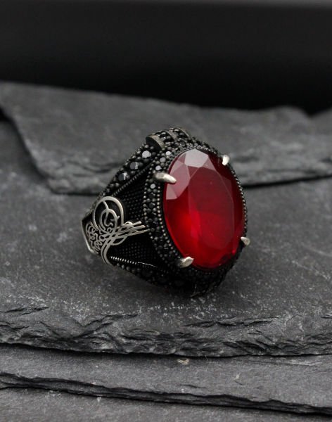 Tuğra İşlemeli Bordo Gümüş Erkek Yüzüğü