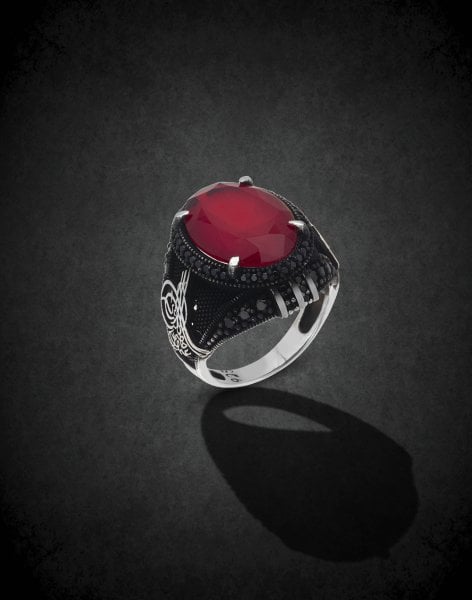 Tuğra İşlemeli Bordo Gümüş Erkek Yüzüğü