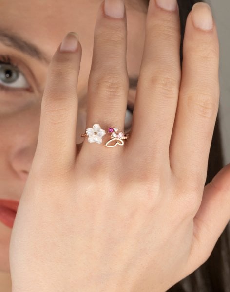 Sedef Çiçekli Kolye ve Yüzük Gümüş Kombin