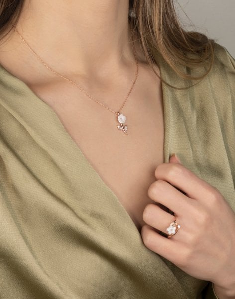 Sedef Kardelen Çiçeği Gümüş Kolye ve Yüzük Kombin