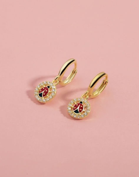 925 Ayar Gümüş Mineli Uğur Böcekli Yuvarlak Taşlı Sallantılı Çocuk Küpesi