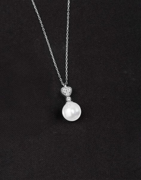 925 Ayar Gümüş Zirkon Taşlı Kalpli Küre İnci Kolye