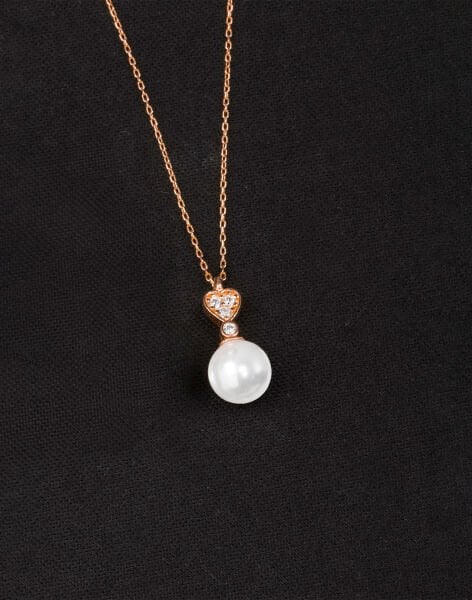 925 Ayar Gümüş Zirkon Taşlı Kalpli Küre İnci Kolye