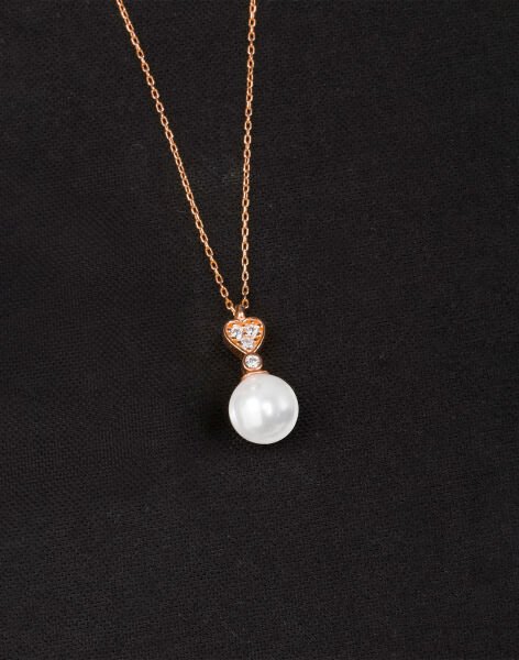 925 Ayar Gümüş Zirkon Taşlı Kalpli Küre İnci Kolye