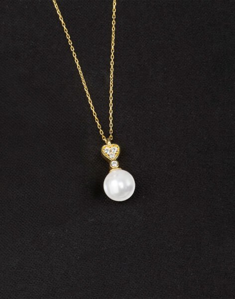 925 Ayar Gümüş Zirkon Taşlı Kalpli Küre İnci Kolye