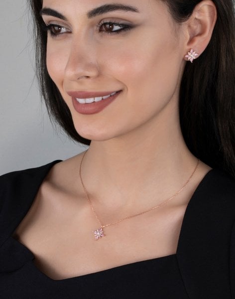 Pembe Markiz Taşlı Gümüş Umut Çiçeği Kolye ve Küpe Kombin