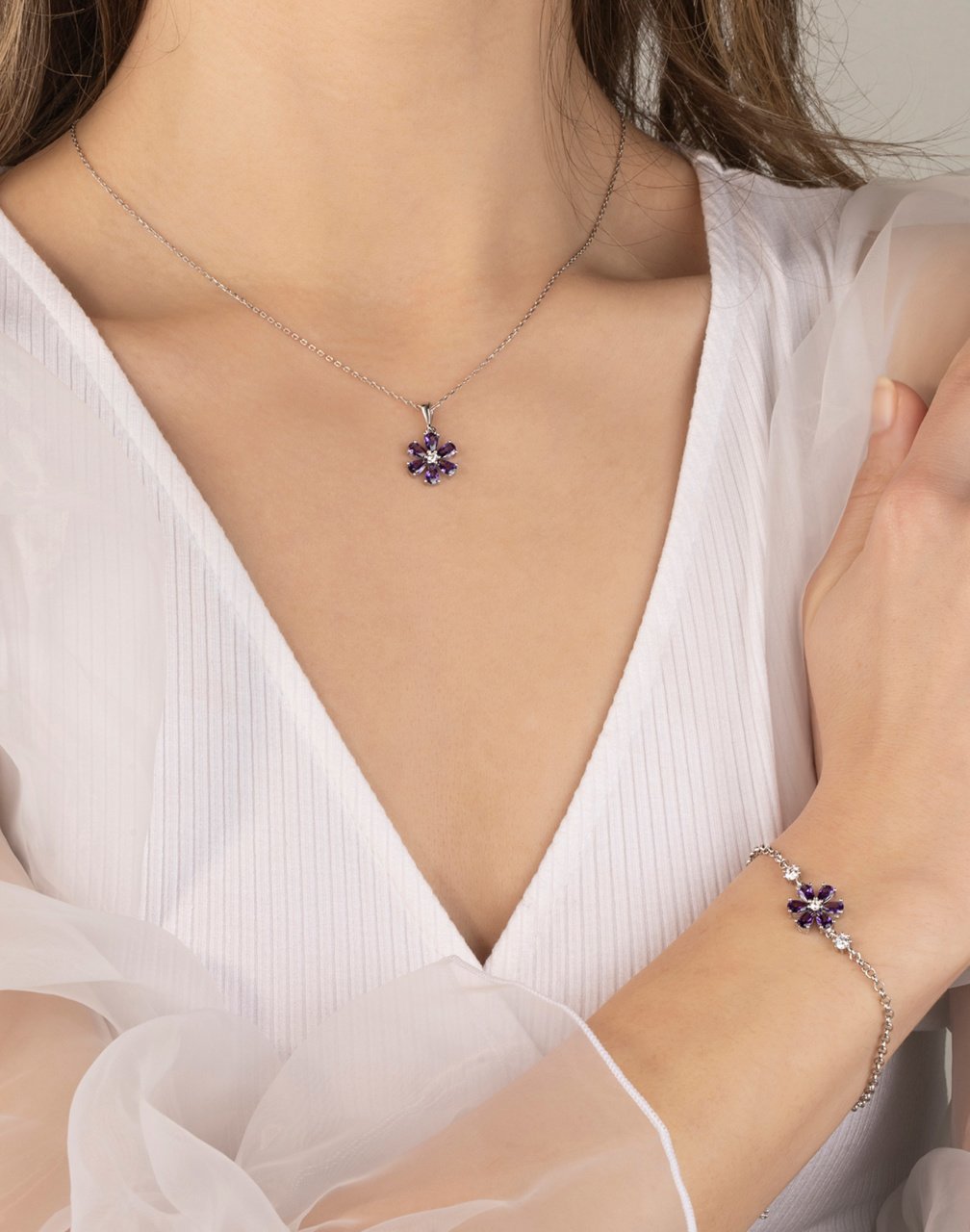 925 Ayar Gümüş Bahar Çiçeği Kolye ve Bileklik Kombin MOR