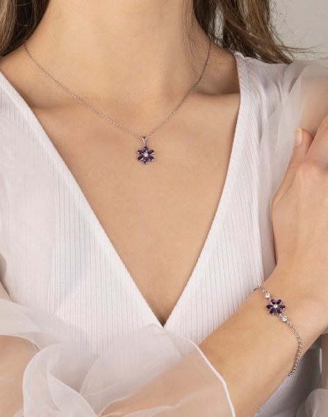 925 Ayar Gümüş Bahar Çiçeği Kolye ve Bileklik Kombin MOR