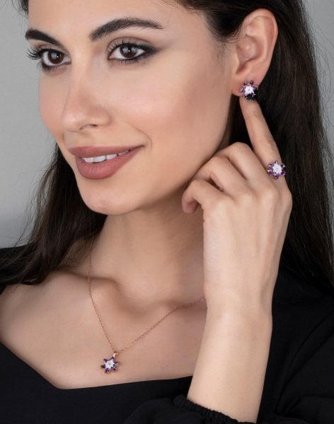 925 Ayar Gümüş Sedefli Mor Lotus Çiçeği Takı Seti