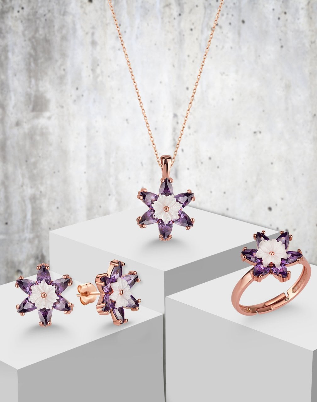 925 Ayar Gümüş Sedefli Mor Lotus Çiçeği Takı Seti