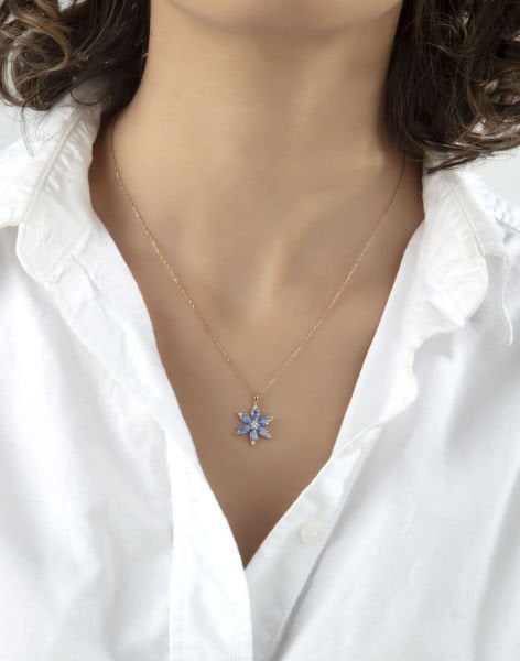 Gümüş Nergis Çiçeği Kolye MAVİ