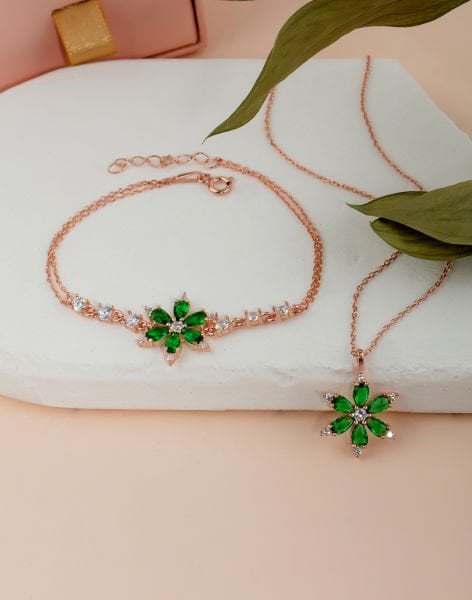 Gümüş Nergis Çiçeği Takı Seti MAVİ