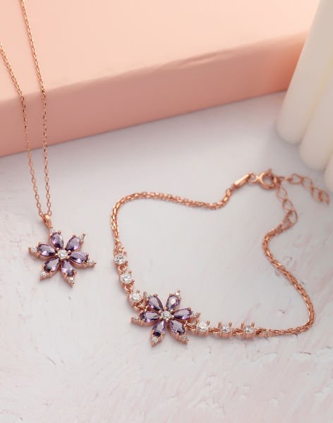 Gümüş Nergis Çiçeği Takı Seti MAVİ