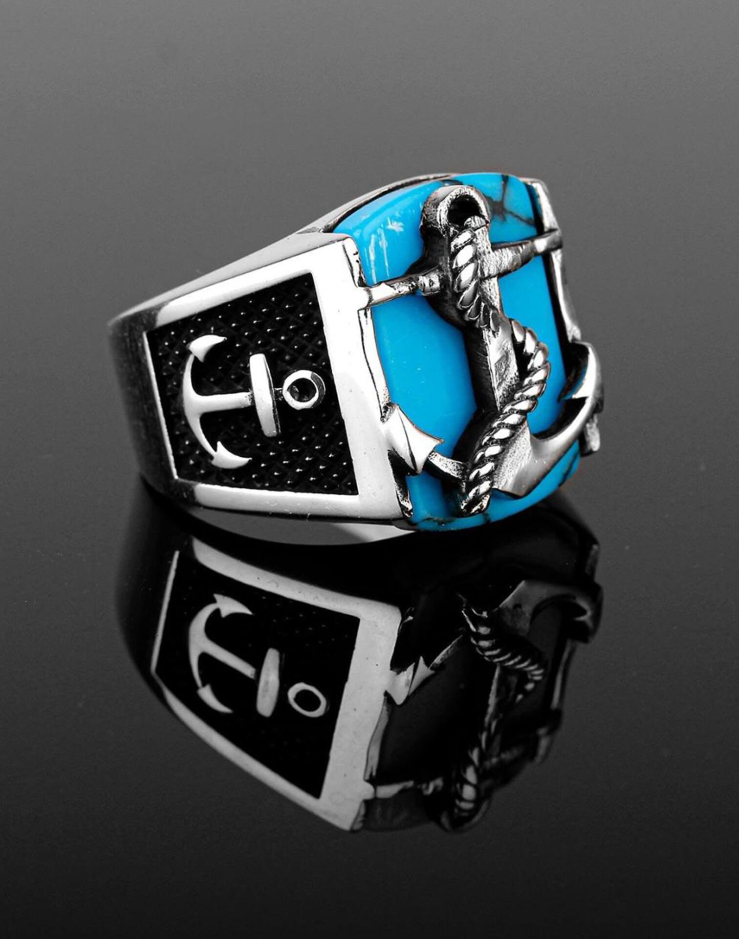 Gümüş Çapa Modeli Turkuaz Taşlı Erkek Yüzüğü