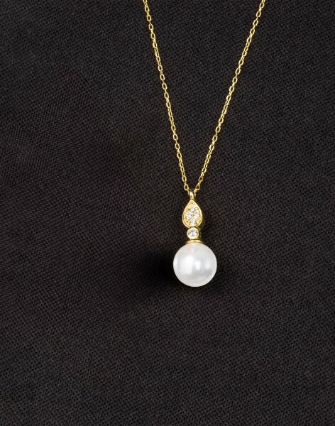 925 Ayar Gümüş Zirkon Taşlı Damla Modeli Küre İnci Kolye