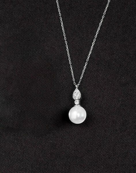 925 Ayar Gümüş Zirkon Taşlı Damla Modeli Küre İnci Kolye Rodyum Kaplama