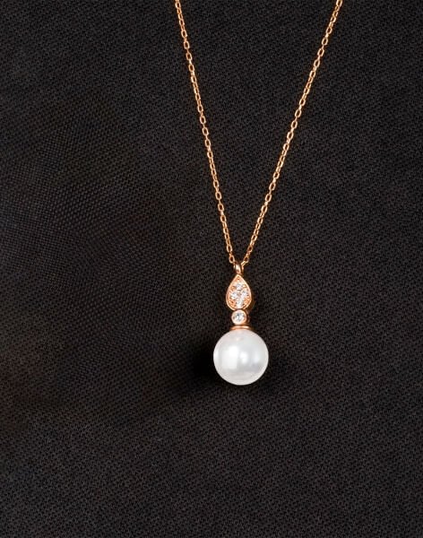 925 Ayar Gümüş Zirkon Taşlı Damla Modeli Küre İnci Kolye Rose Kaplama