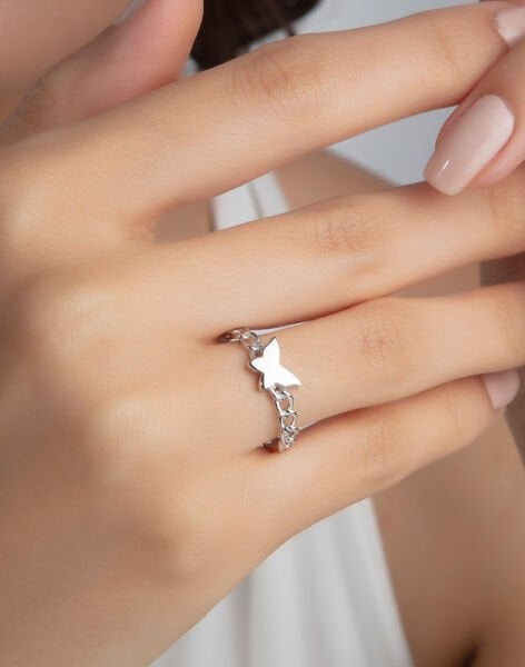 Zincir Modeli Kelebekli Gümüş Yüzük 12 - Rodyum Kaplama