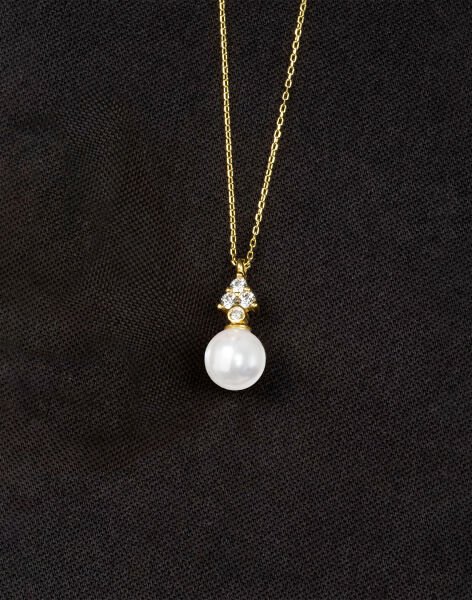 925 Ayar Gümüş Zirkon Taşlı Üçgen Küre İnci Kolye