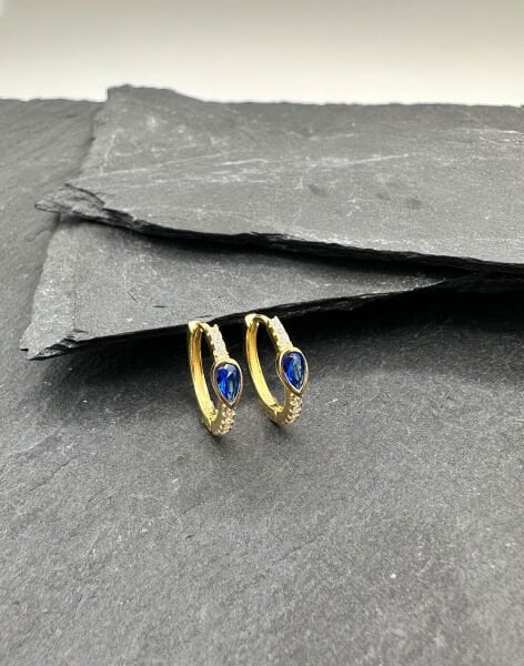 Safir Renk Damla Taşlı Gümüş Halka Küpe