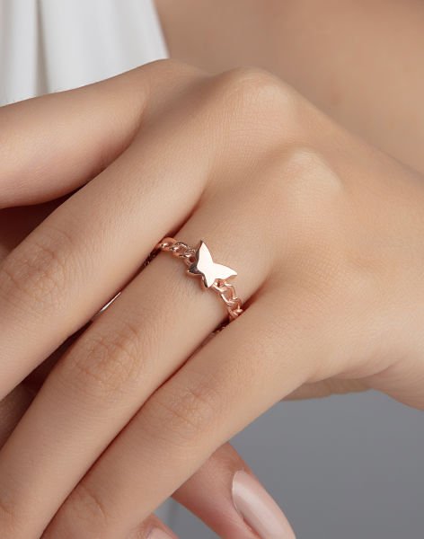 Zincir Modeli Kelebekli Gümüş Yüzük 16 - Rose Kaplama