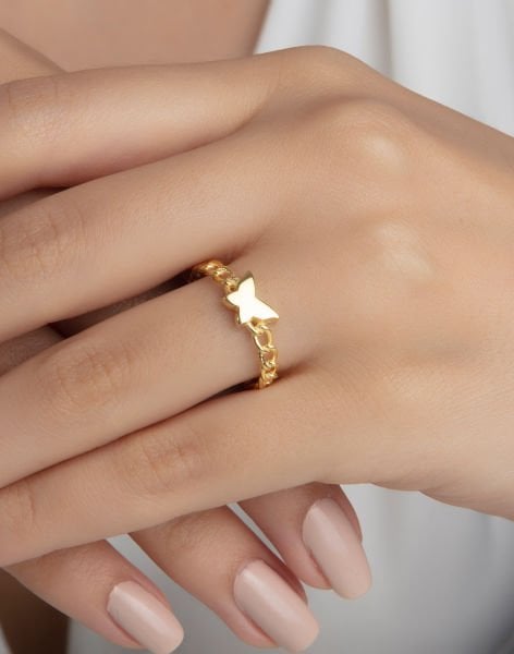 Zincir Modeli Kelebekli Gümüş Yüzük 17 - 14 Ayar Altın Kaplama