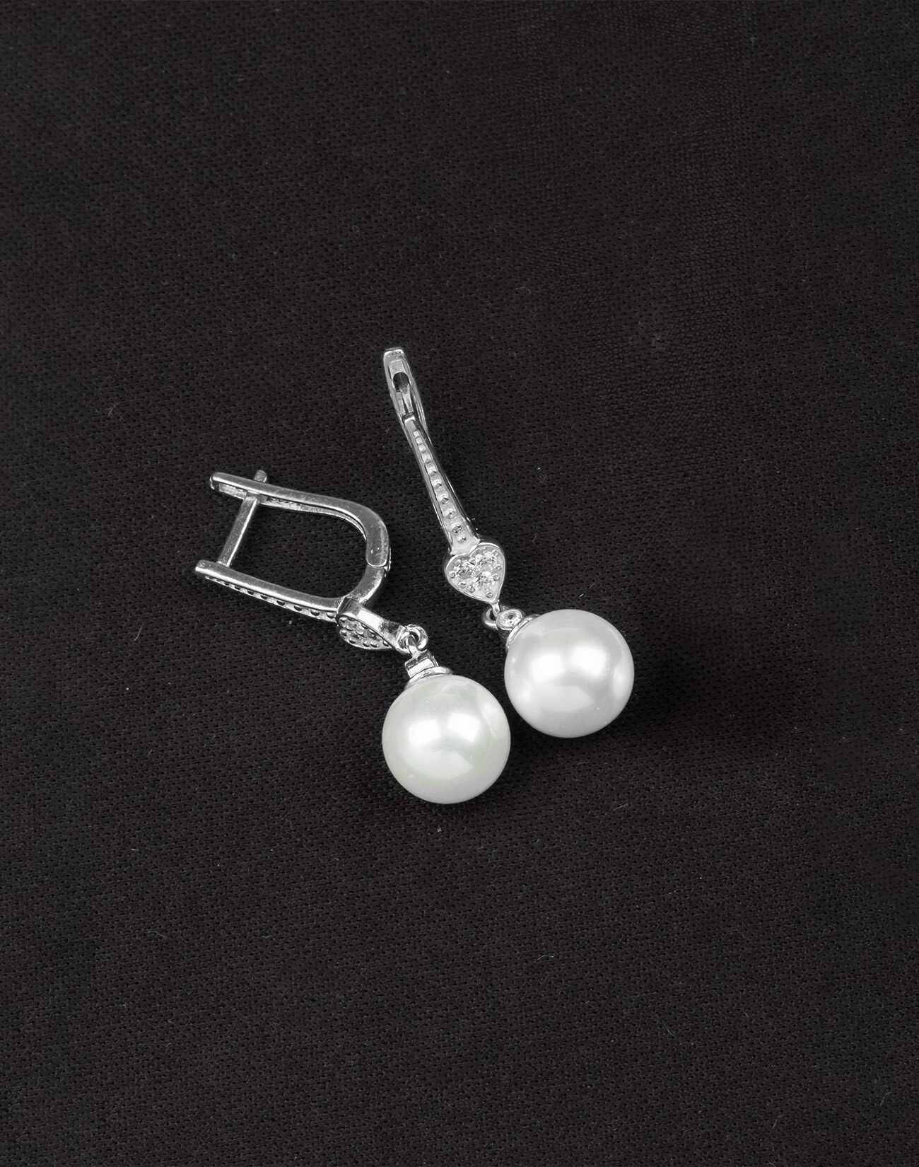 925 Ayar Gümüş Zirkon Taşlı Kalpli Küre İnci Küpe