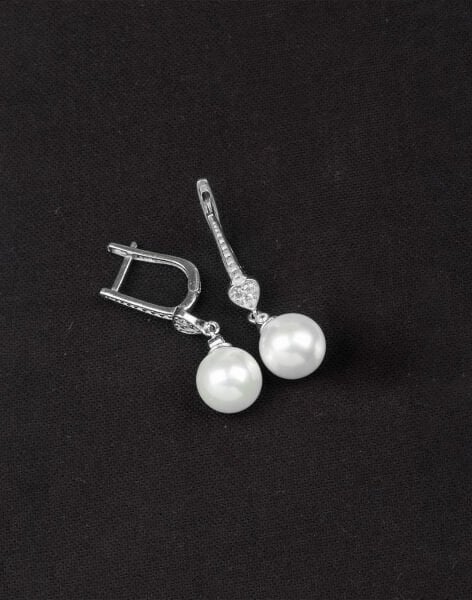 925 Ayar Gümüş Zirkon Taşlı Kalpli Küre İnci Küpe