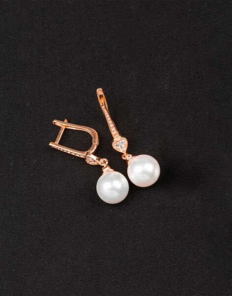 925 Ayar Gümüş Zirkon Taşlı Kalpli Küre İnci Küpe