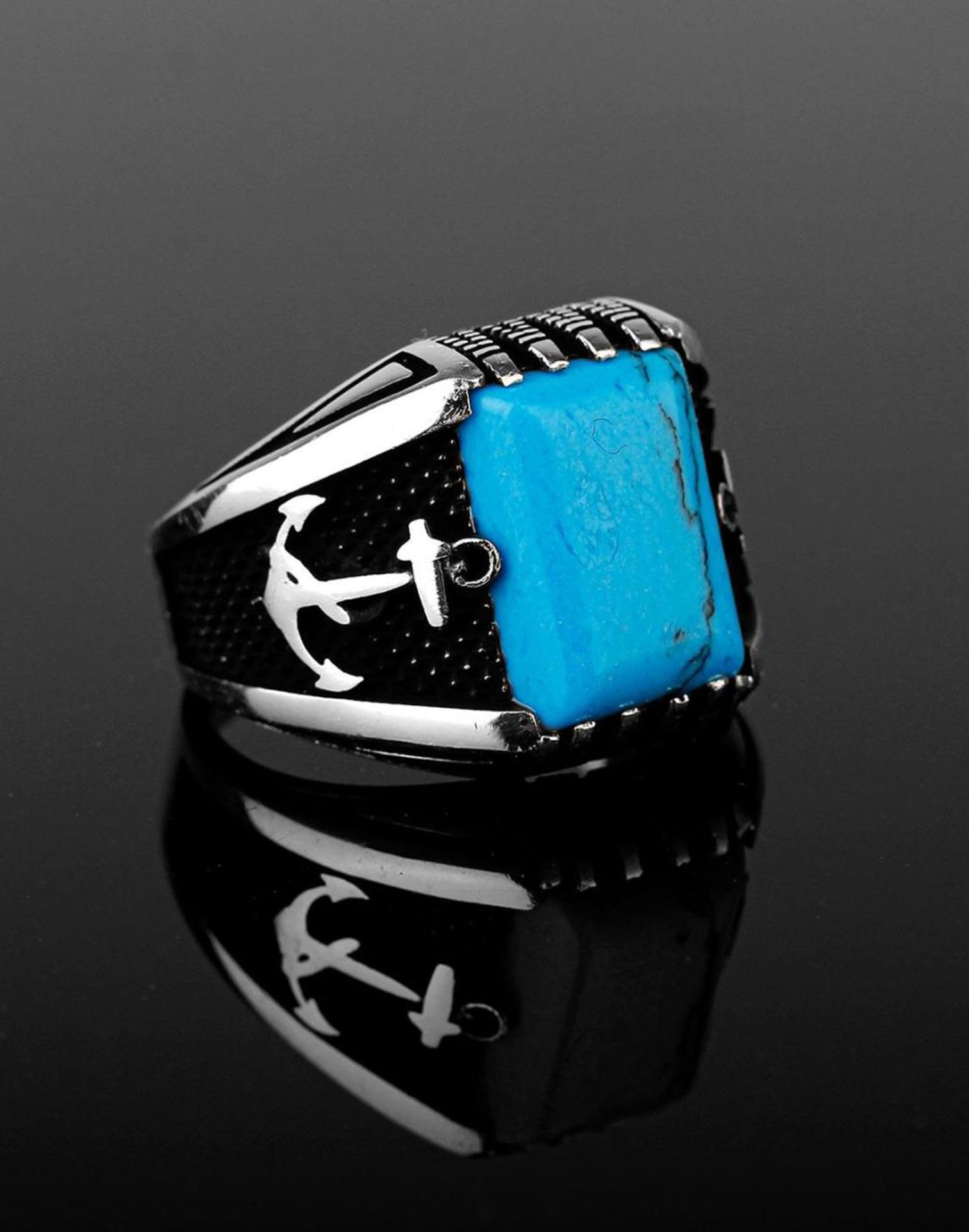 925 Ayar Çapa Modeli Turkuaz Taşlı Gümüş Erkek Yüzüğü