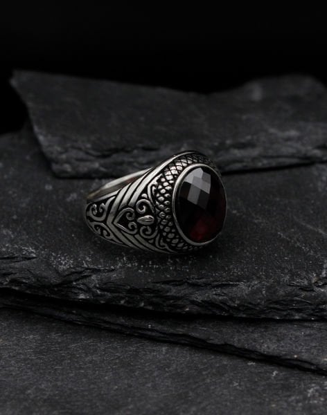 Safir Oniks Taşlı Gümüş Erkek Yüzüğü 19 - KIRMIZI