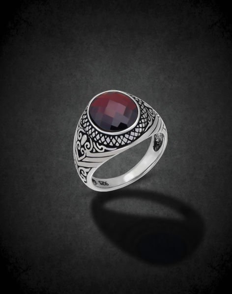 Safir Oniks Taşlı Gümüş Erkek Yüzüğü 19 - KIRMIZI