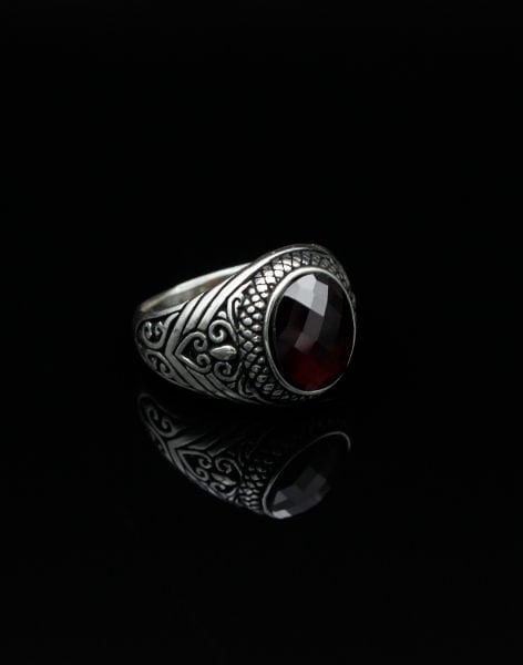 Safir Oniks Taşlı Gümüş Erkek Yüzüğü 20 - KIRMIZI