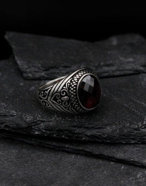 Safir Oniks Taşlı Gümüş Erkek Yüzüğü 21 - KIRMIZI